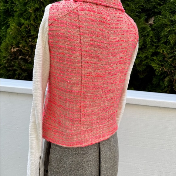 Anthropologie Elevenses neon orange ivory sleeves Tweed Knit Jacket SZ 2 - Picture 4 of 8